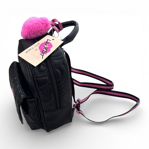 Luv Betsey LB102550 Black Quilted Mini Backpack 10” x 8” Pink Pom Faux Leather main image 5
